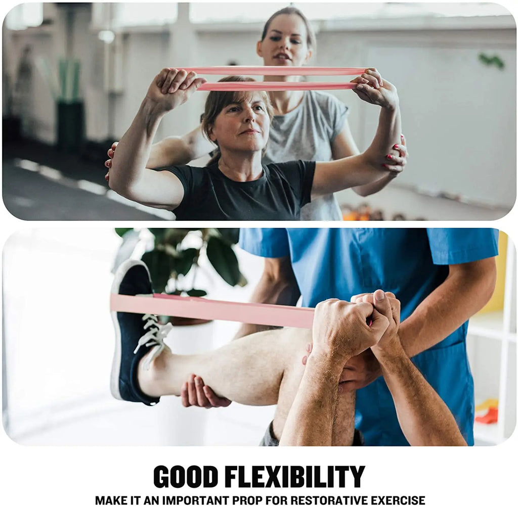 Pink resistance band held by hands and used for supported leg stretching