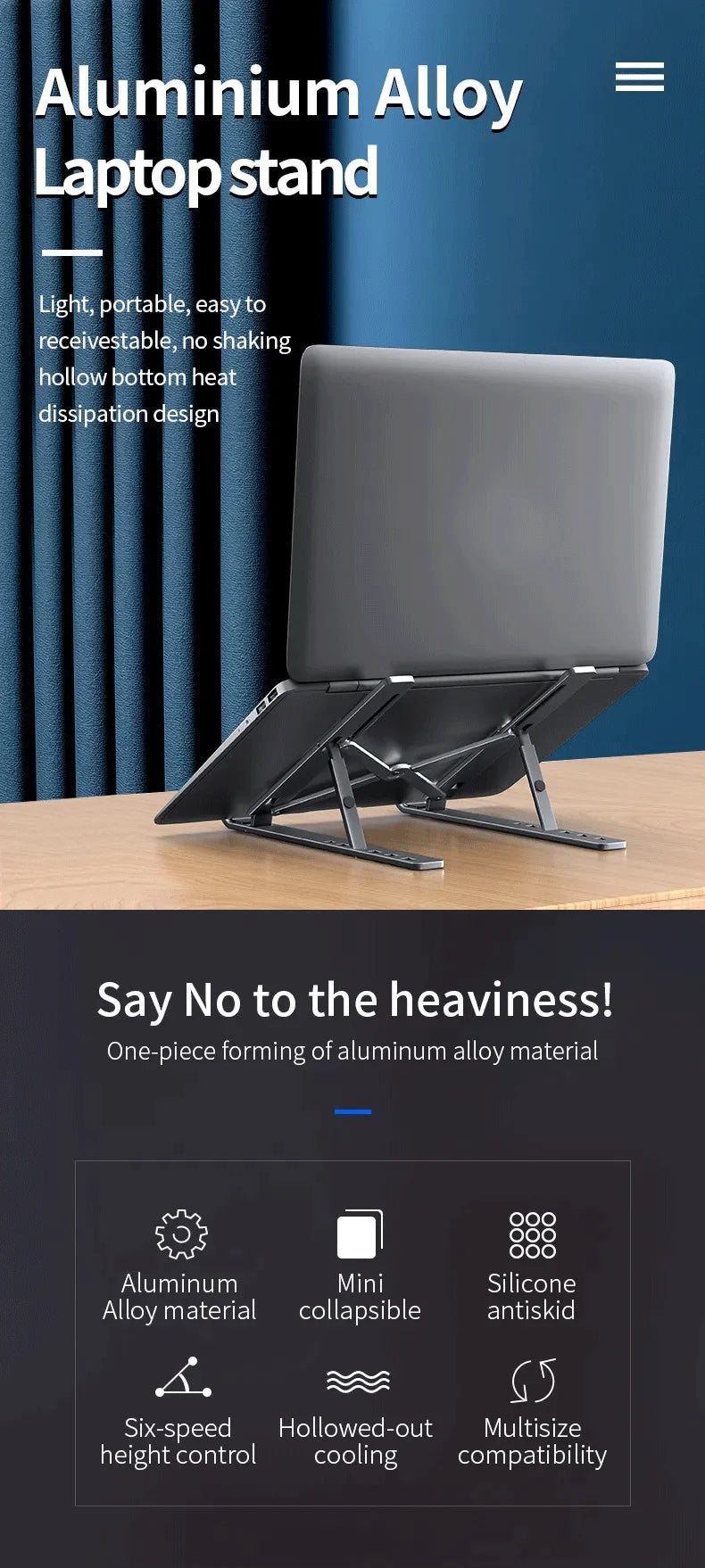 Aluminum alloy laptop stand in silver-gray with ventilated platform and angled legs.