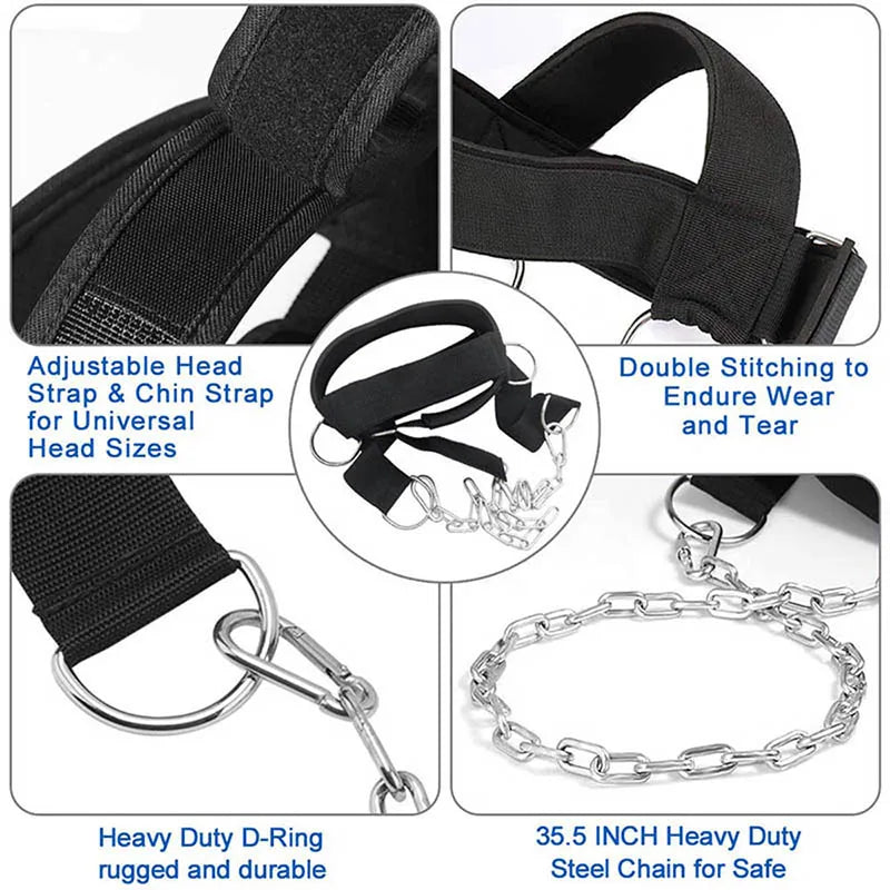Black adjustable head strap and chin strap neck harness with steel chain and hooks