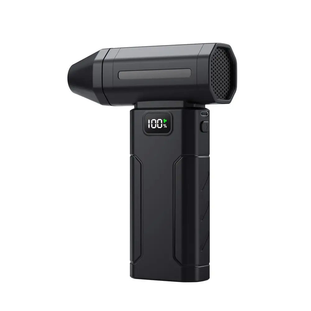 Black handheld electric fan blower with mesh front grille and power display