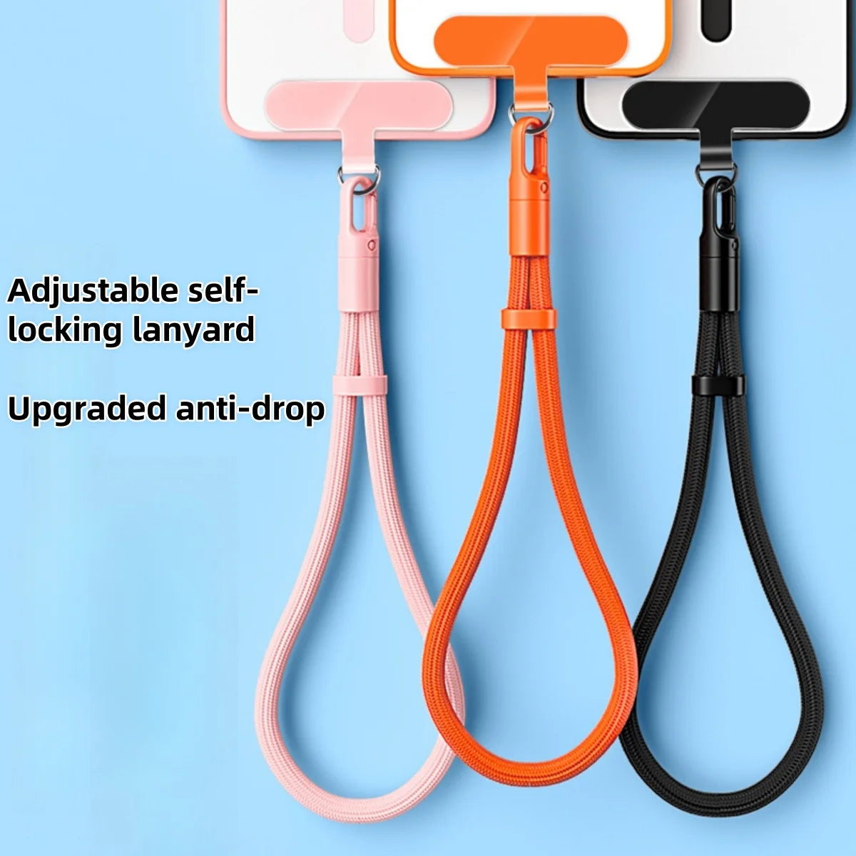 Set of adjustable mobile phone lanyard straps with self-locking clips in pink, orange, and black.