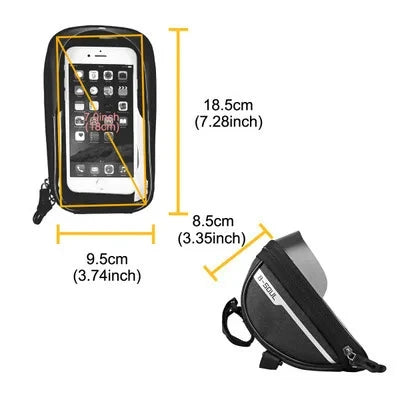 Black handlebar phone bag size diagram: 9.5 cm, 18.5 cm, and 8.5 cm