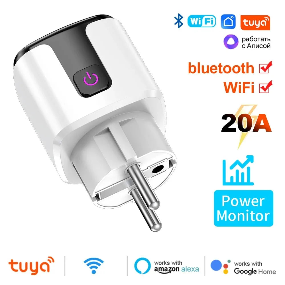 White Tuya smart WiFi power-monitoring plug with power button and EU two-pin connector