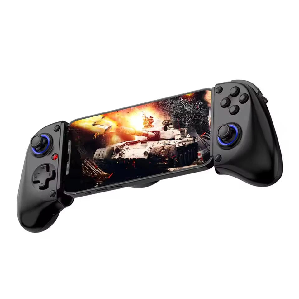 Black wireless phone game controller with screen mount and face buttons