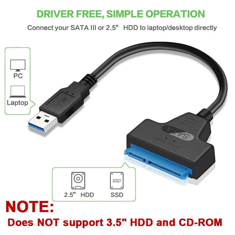 SATA to USB adapter cable with USB-A plug and 2.5-inch SATA HDD/SSD compatibility