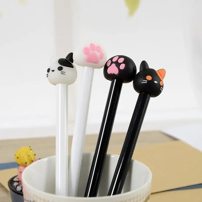 Kawaii cat gel pen set (10-pack) in a cup: white and black pens with paw caps