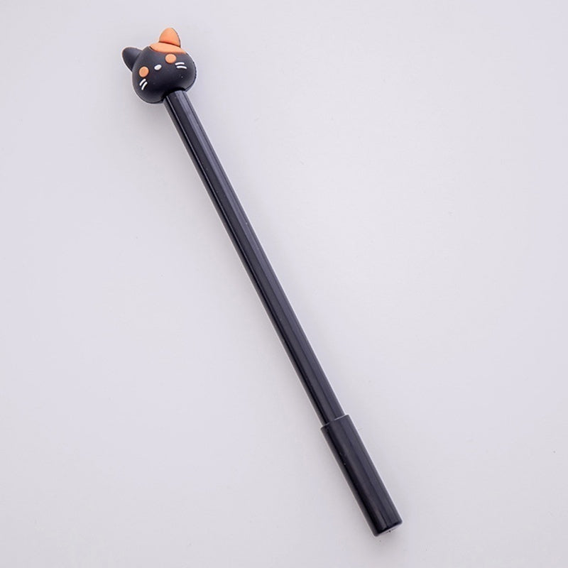 Black kawaii cat gel pen with orange cat topper and fine point, black ink