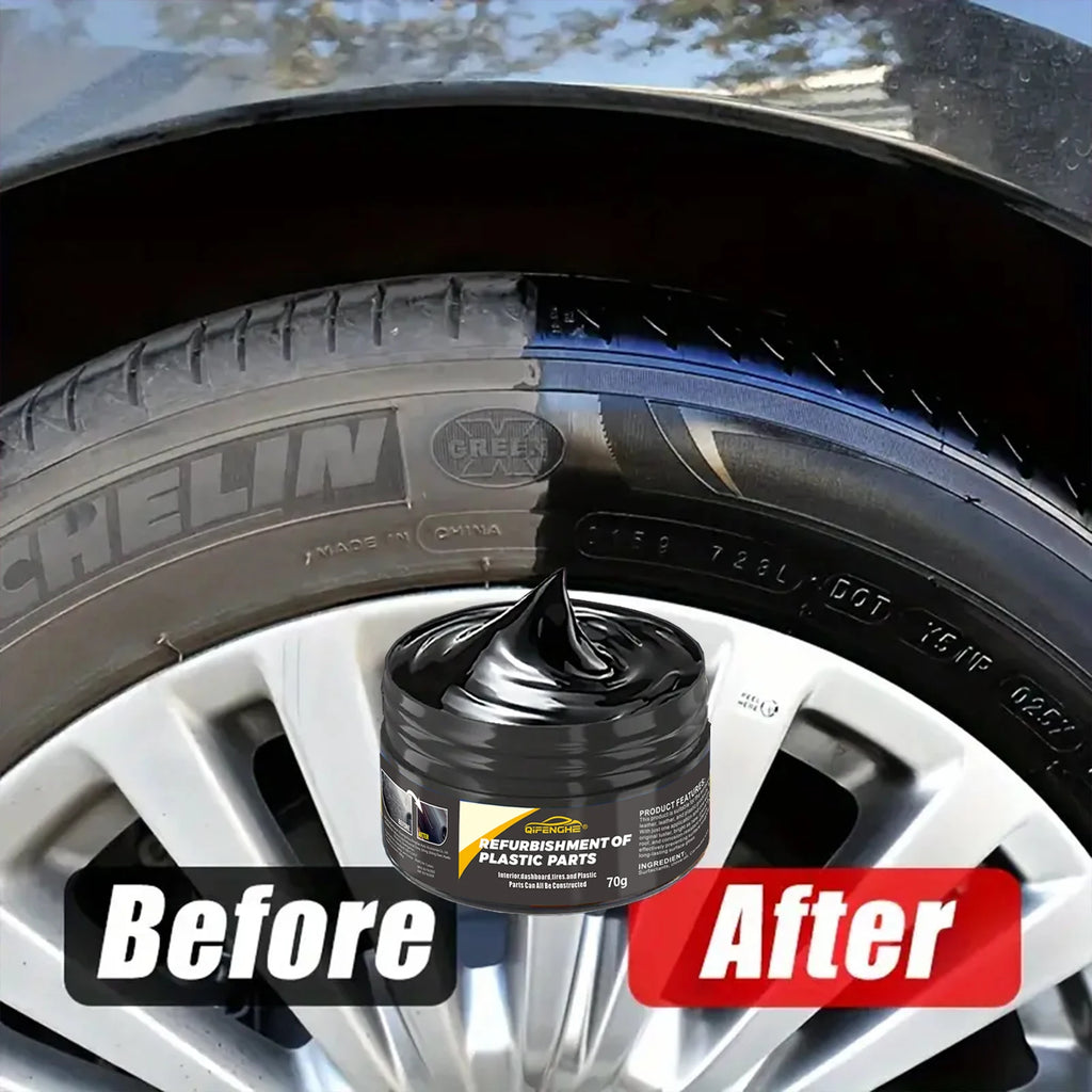 Plastic restorer cream jar and before/after effect on vehicle tire sidewall area