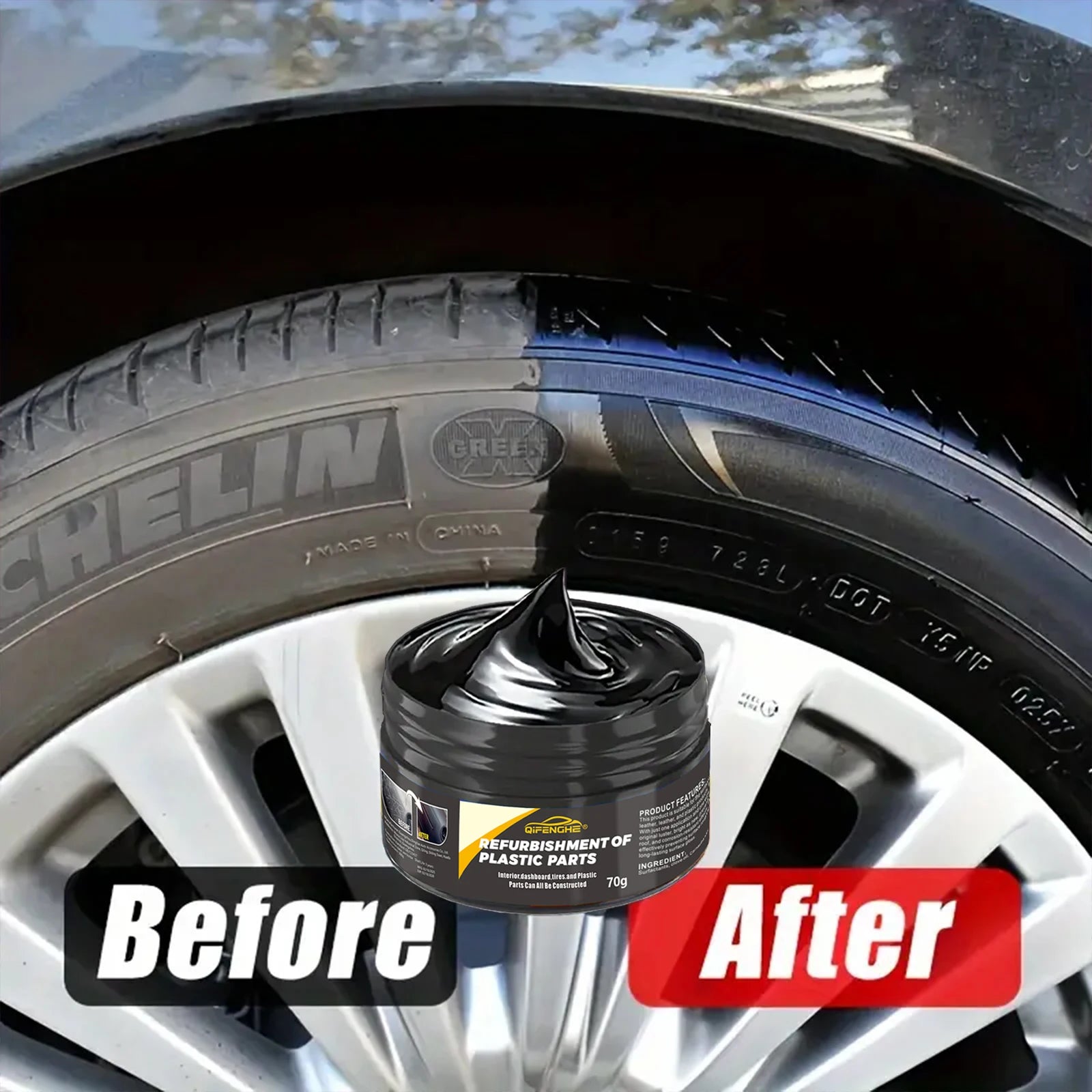 Plastic restorer cream jar and before/after effect on vehicle tire sidewall area