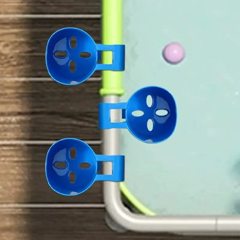 Blue pool rail cup holder clips with three circular drink slots