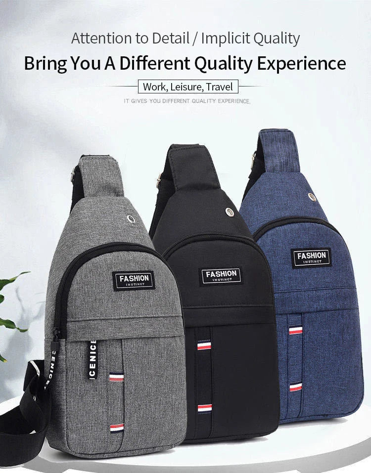 Three crossbody fanny packs in gray, black, and blue with front logo patches