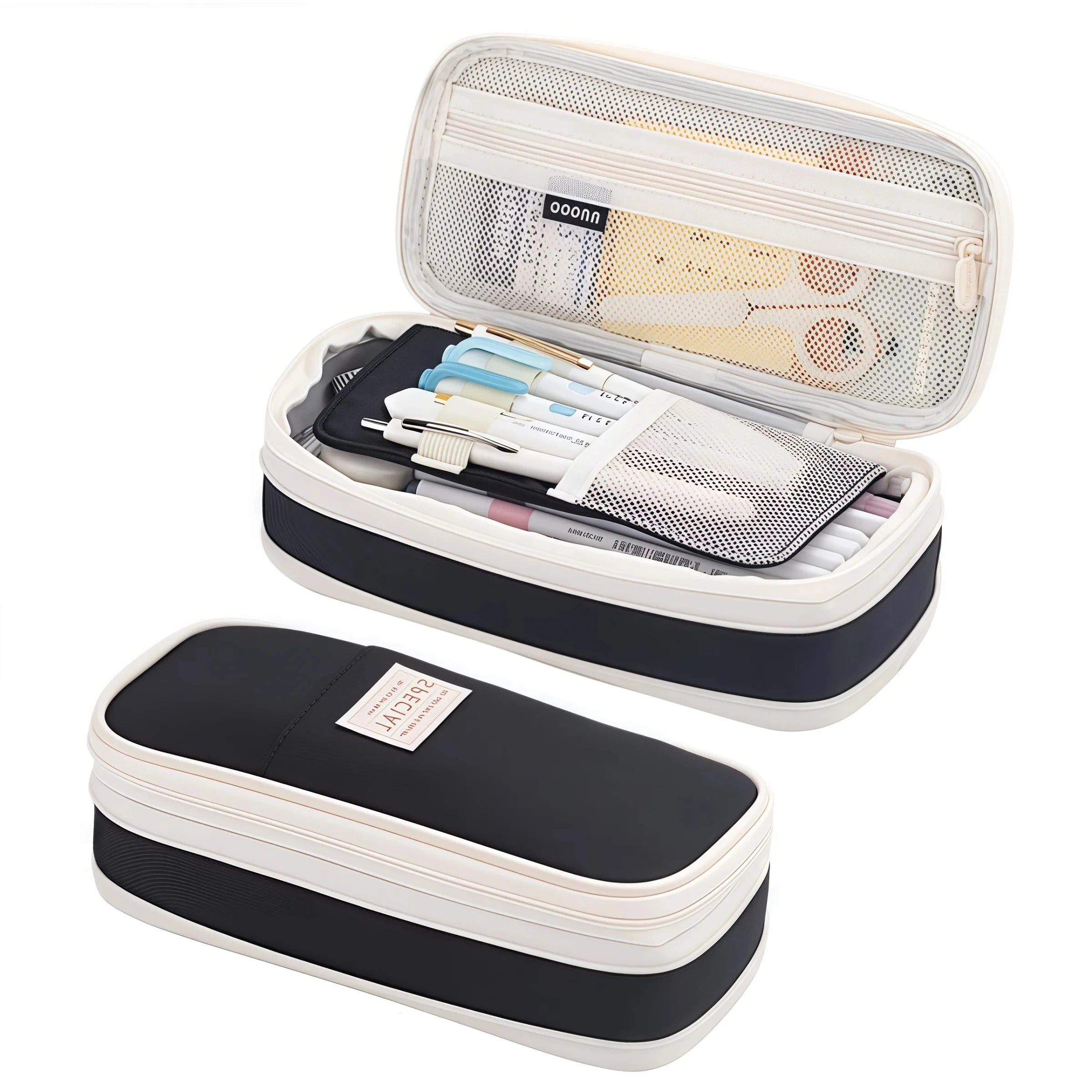 Black and cream pencil case with mesh organizer top and zip closure