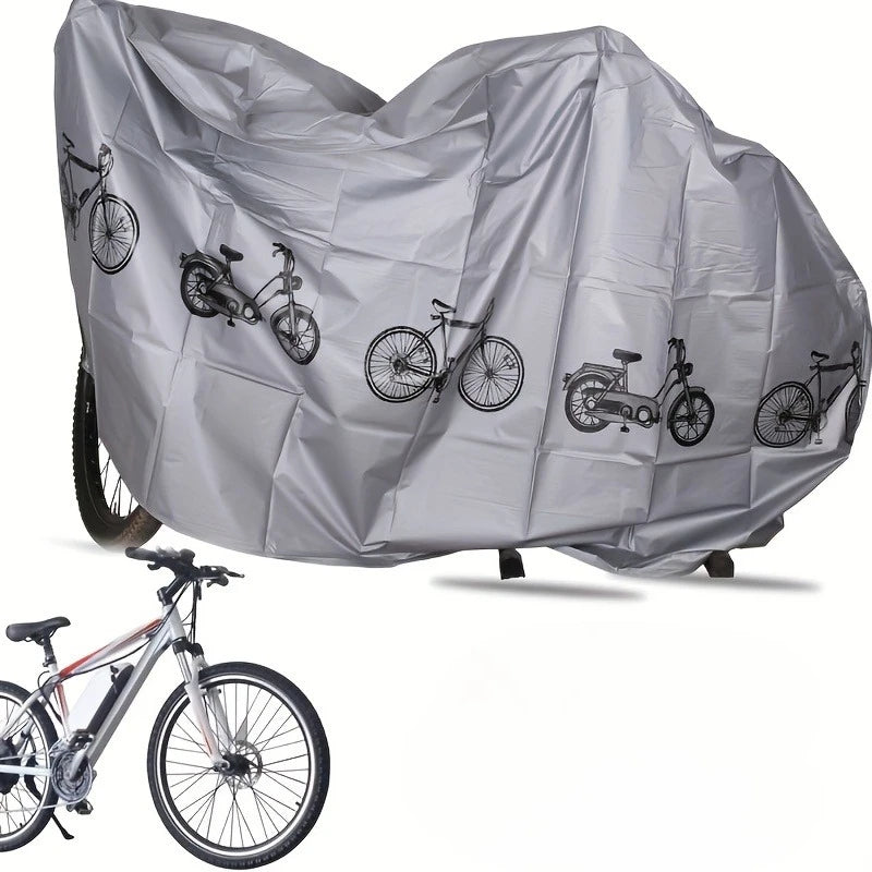 Gray bicycle cover with bicycle silhouettes print, draped over a bike frame