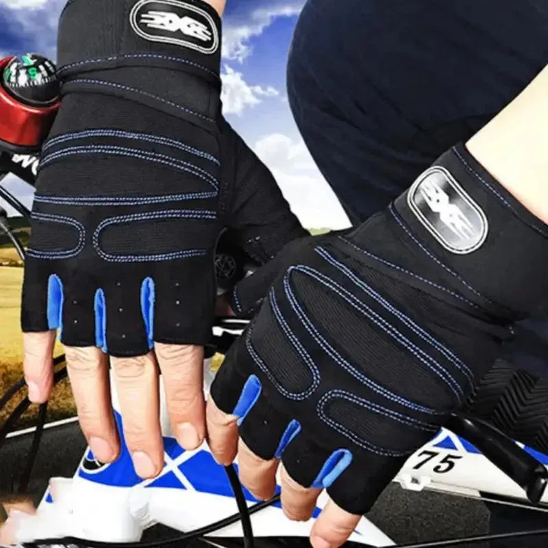 Black weight lifting gloves with blue accents on hands; wrist logo patch visible.