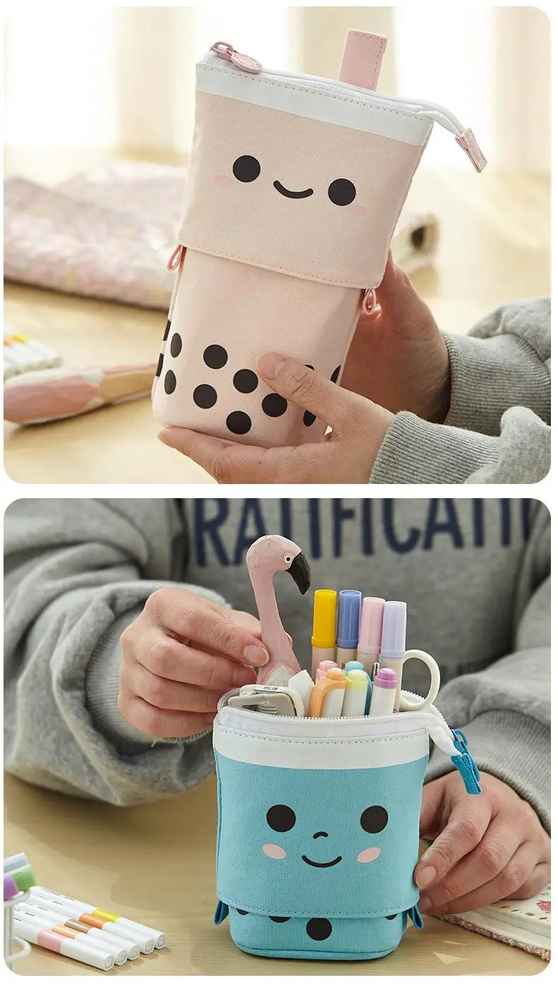 Folded light pink cat face zip pencil pouch with front smile design