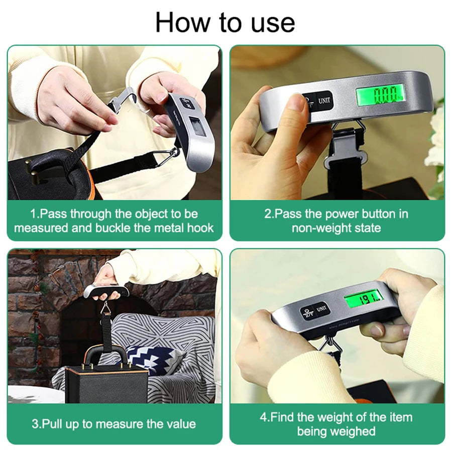 Portable luggage scale infographic showing strap and hook attachment steps