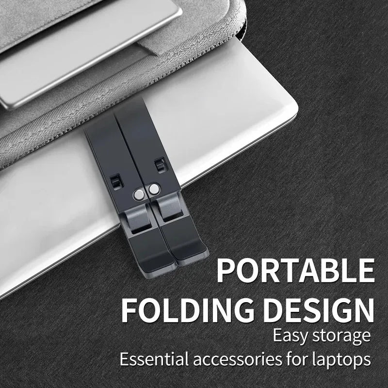 Foldable laptop stand base with quick-lock hinges and cable-friendly cutouts, black.