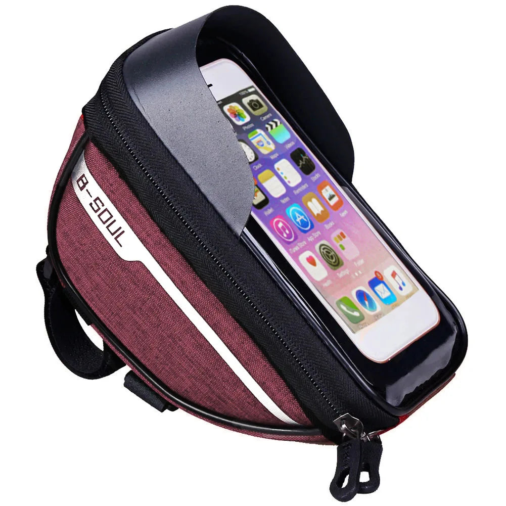 Red bike handlebar touch-screen phone bag with clear front window and zipper pocket
