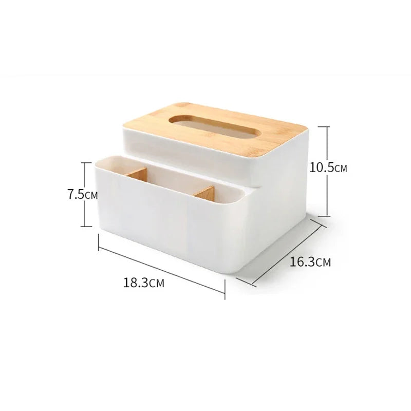 White plastic tissue and organizer box with wood handle cutout and inner dividers