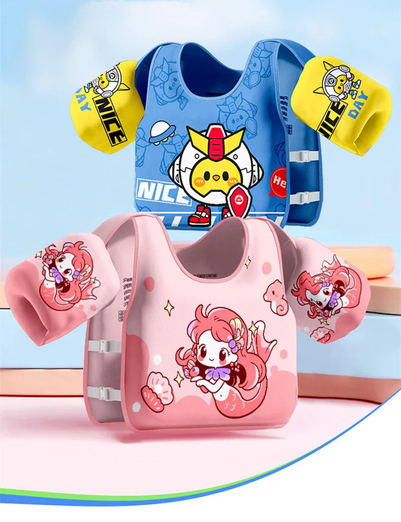 Pink and blue cartoon swim buoyancy vest with arm floats, adjustable buckles