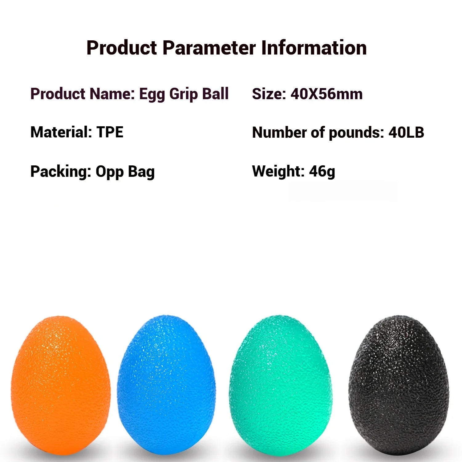 Set of textured egg grip balls: orange, blue, green, and black.