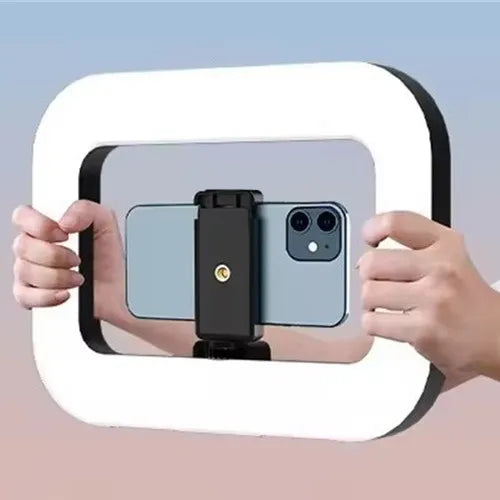 Handheld ring LED fill light with white frame and phone clamp holder