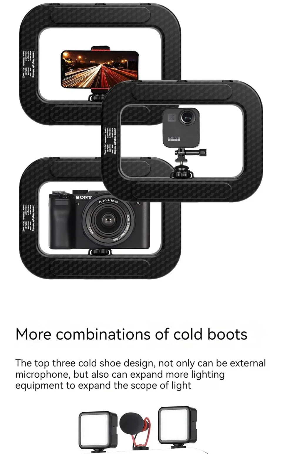 Carbon-texture LED fill light set with multiple mounts and hot-shoe adapter