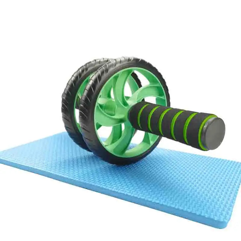 Dual-wheel abdominal roller with green wheels and ribbed foam handles