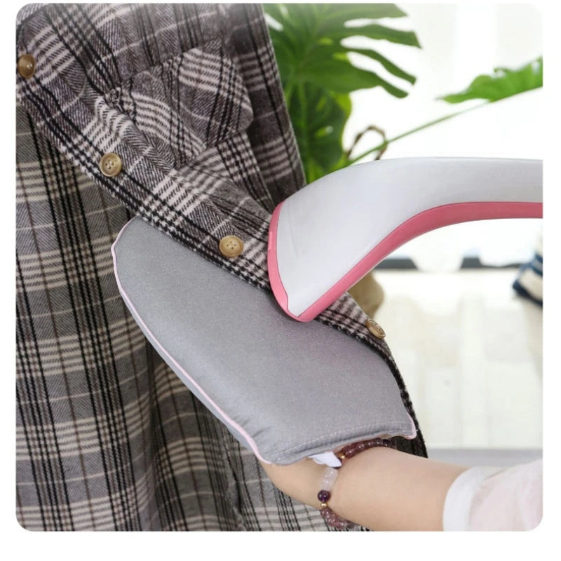 Protective ironing mat cover on clothing, gray mesh with pink edge trim