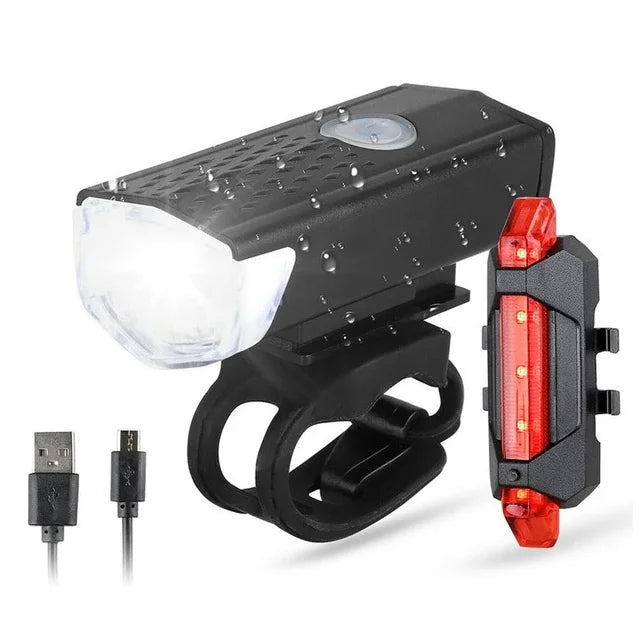 USB rechargeable bicycle lights set with black headlight and red rear tail light