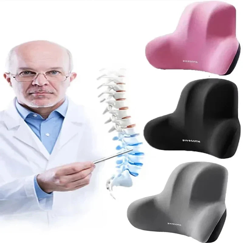Car headrest and lumbar support pillows, pink and gray/black memory-foam shapes