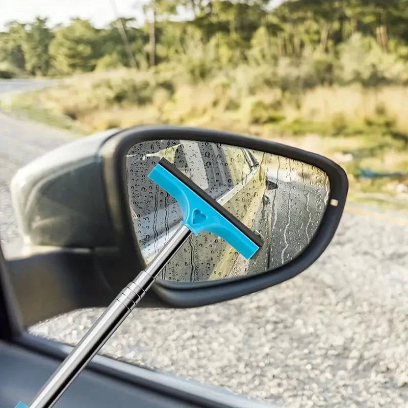 Telescopic rearview mirror wiper with blue rubber blade and chrome extension handle