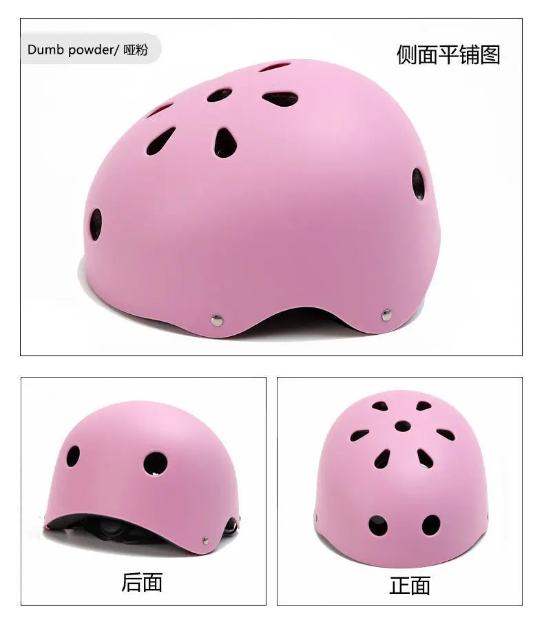 Pink kids bike helmet with multiple ventilation holes, shown from front and side.