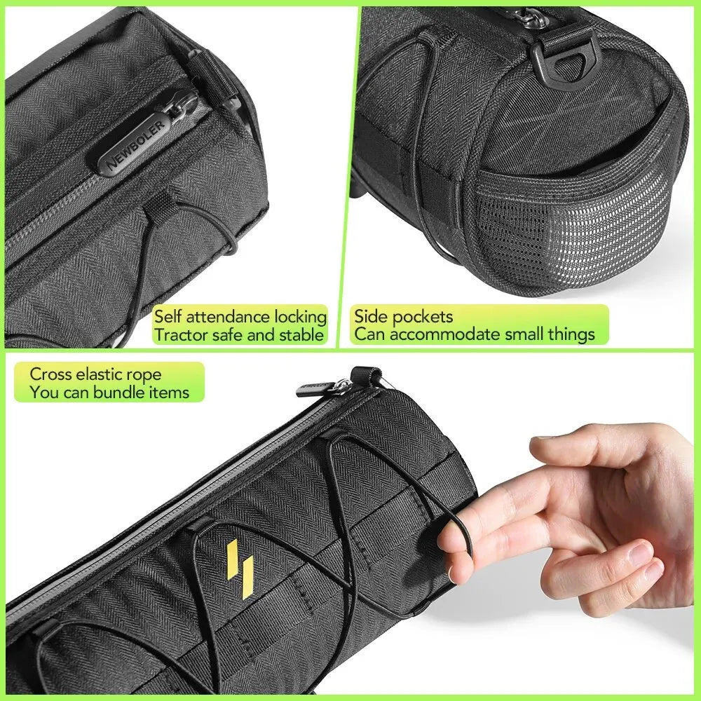 Black handlebar bicycle bag with side pocket, elastic strap, and top zipper detail