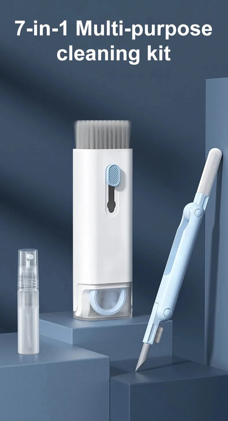 7-in-1 multi-purpose cleaning kit with brush base, pen tool, and spray bottle
