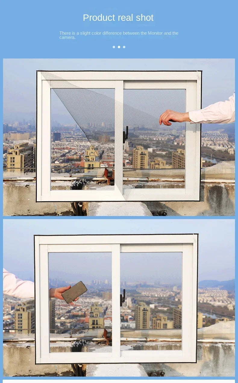 DIY self-adhesive mosquito screen curtain installed on window, full mesh panel