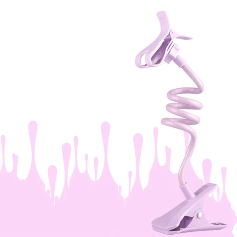 Purple flexible phone holder with clip clamp base and spring arm