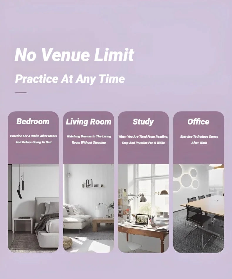 Purple pedal resistance band for home workouts, shown across room settings.