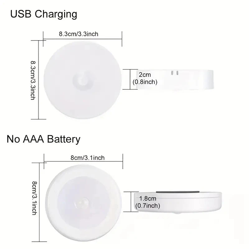 Round motion sensor night light with USB charging port and slim side strap