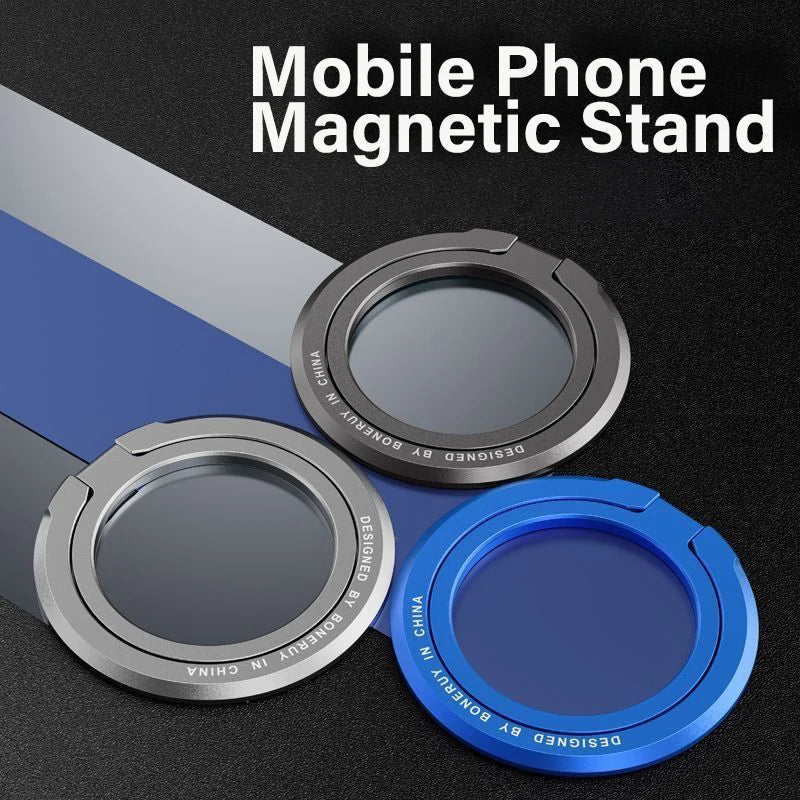 Magnetic phone ring holders in blue, gray, and black, round alloy finger loops