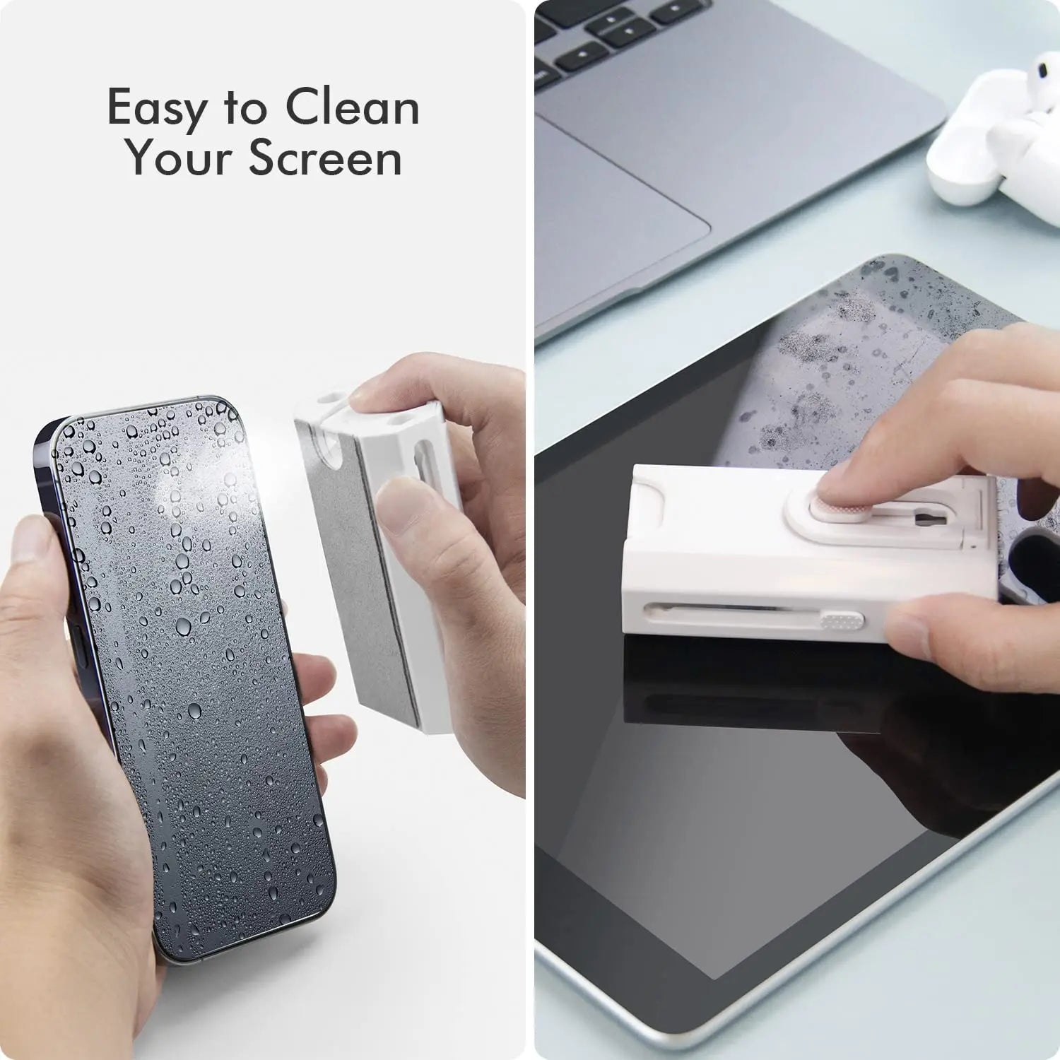 Screen cleaning tool removing dust and water droplets from a device screen