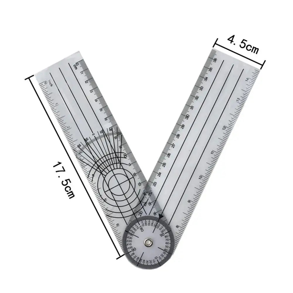V-shaped angle measuring tool with etched scale and protractor dial