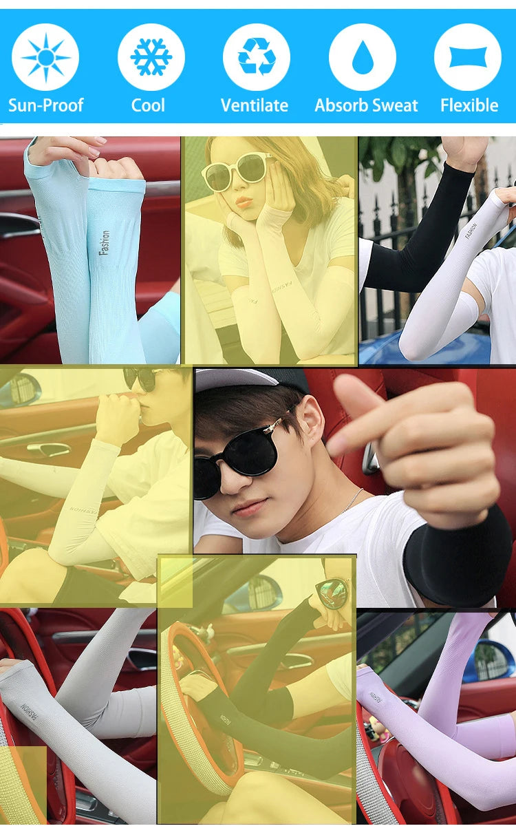 Multi-color anti-UV arm sleeves collage with sun-cool icon overlays.