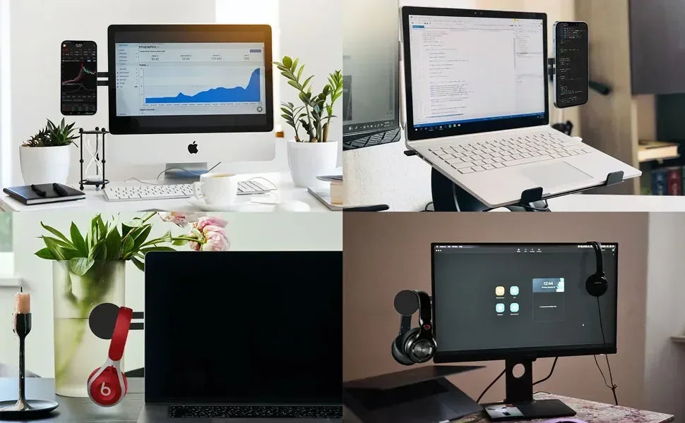 Magnetic phone holder setup with phone attached near dual monitors in an office desk