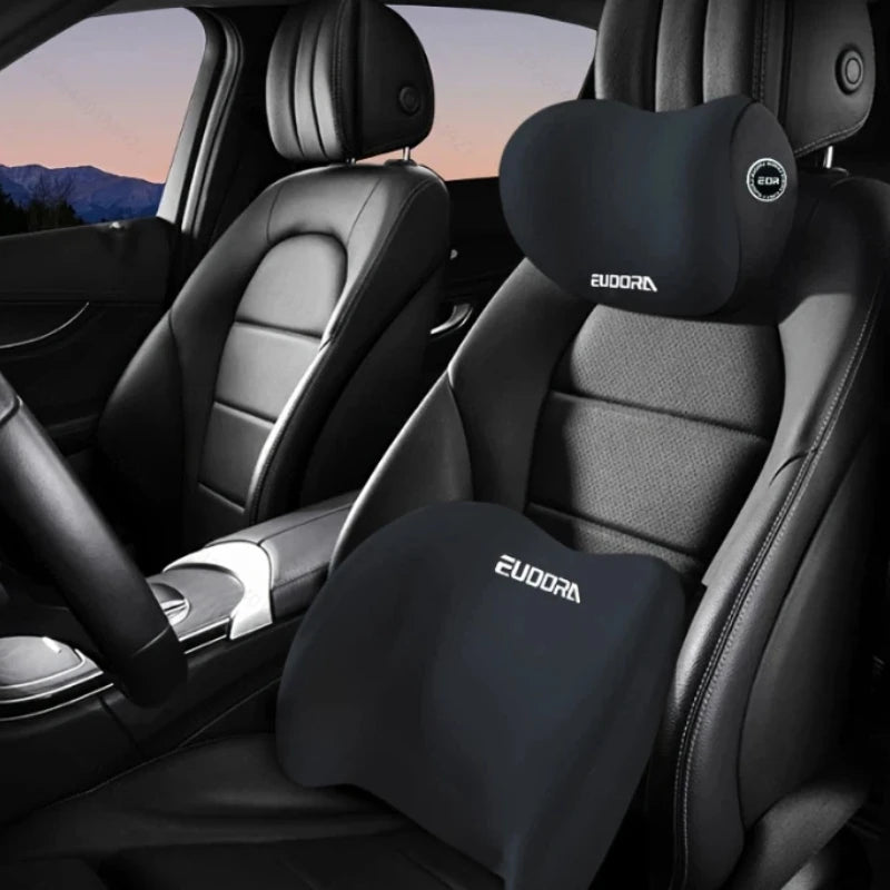 Black car seat headrest and lumbar support cushions