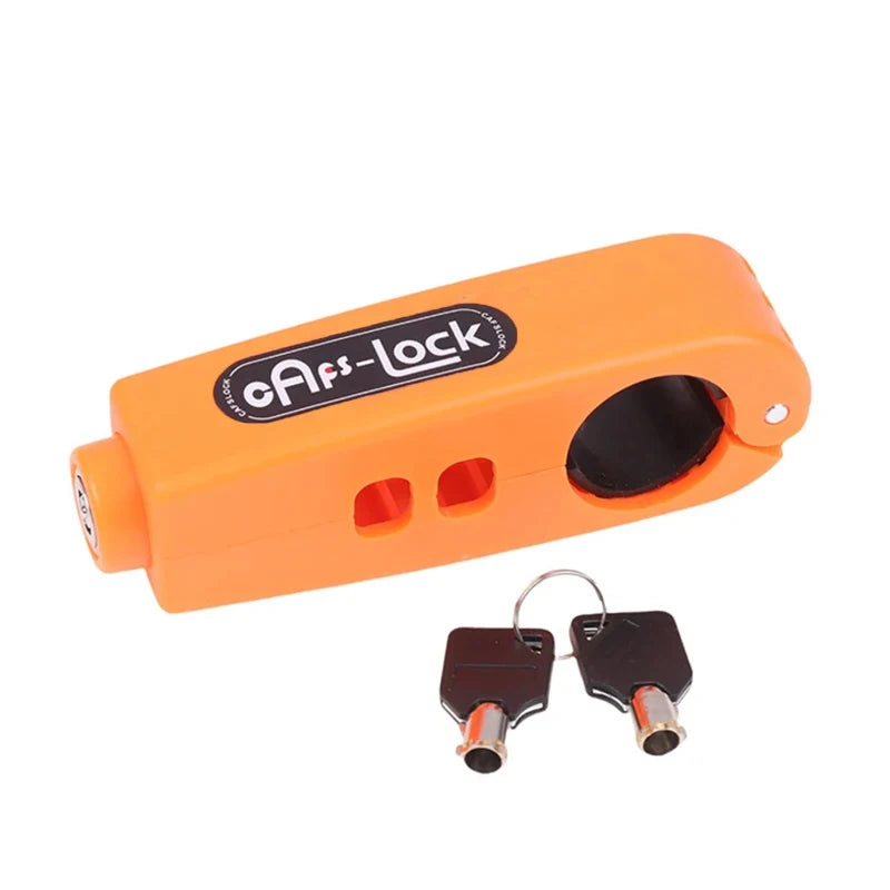 Bike handlebar grip lock, orange housing with key cylinder and two keys