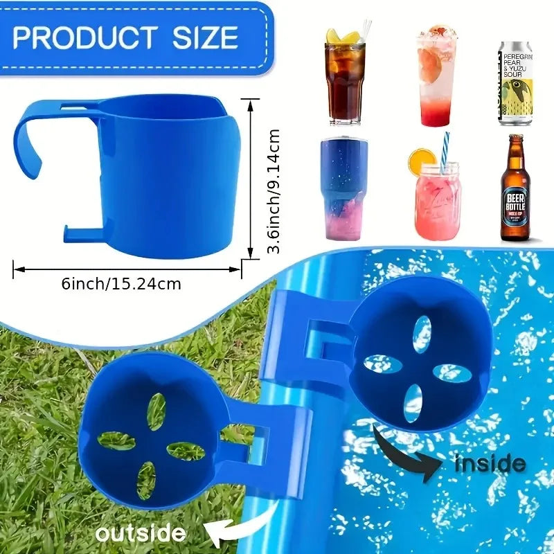 Blue plastic poolside cup holder size diagram with handle and drink openings