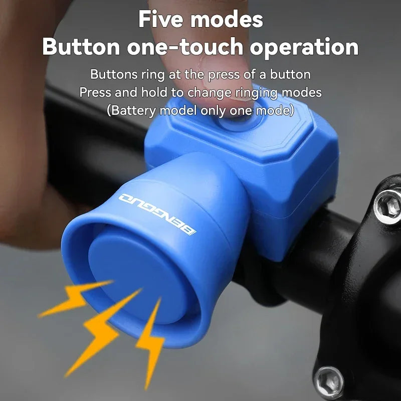 Blue bicycle electronic horn with one-touch button, mounted on handlebar
