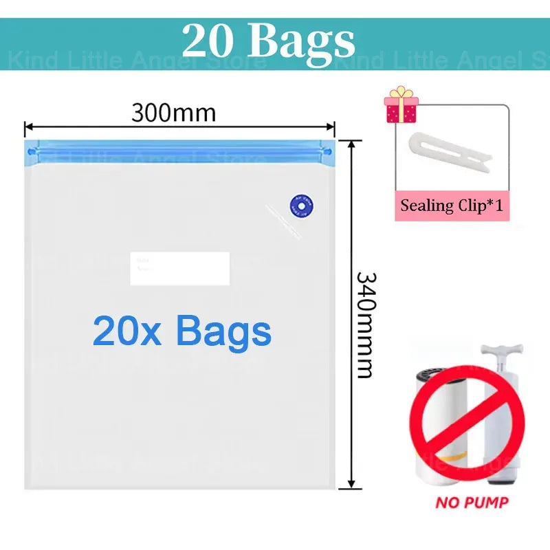 Vacuum filament storage bags, 20-pack, blue zipper, sealing clip included, no pump