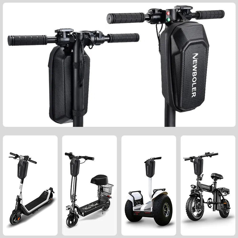 NEWBOLER front scooter bag accessory, textured dark black, mounted on handlebar